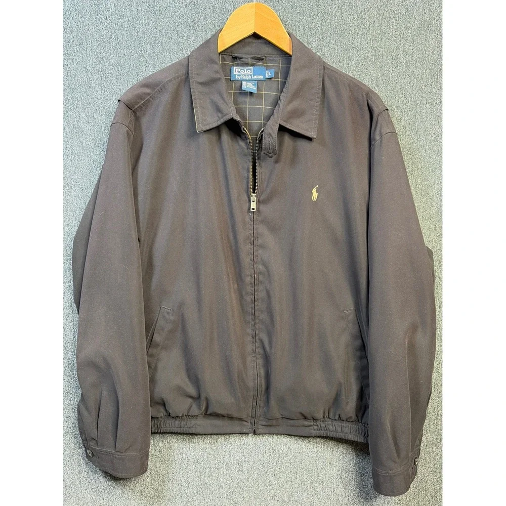 Polo Ralph Lauren Mens Black Harrington Jacket‎ L Windowpane Lining Windbreaker
